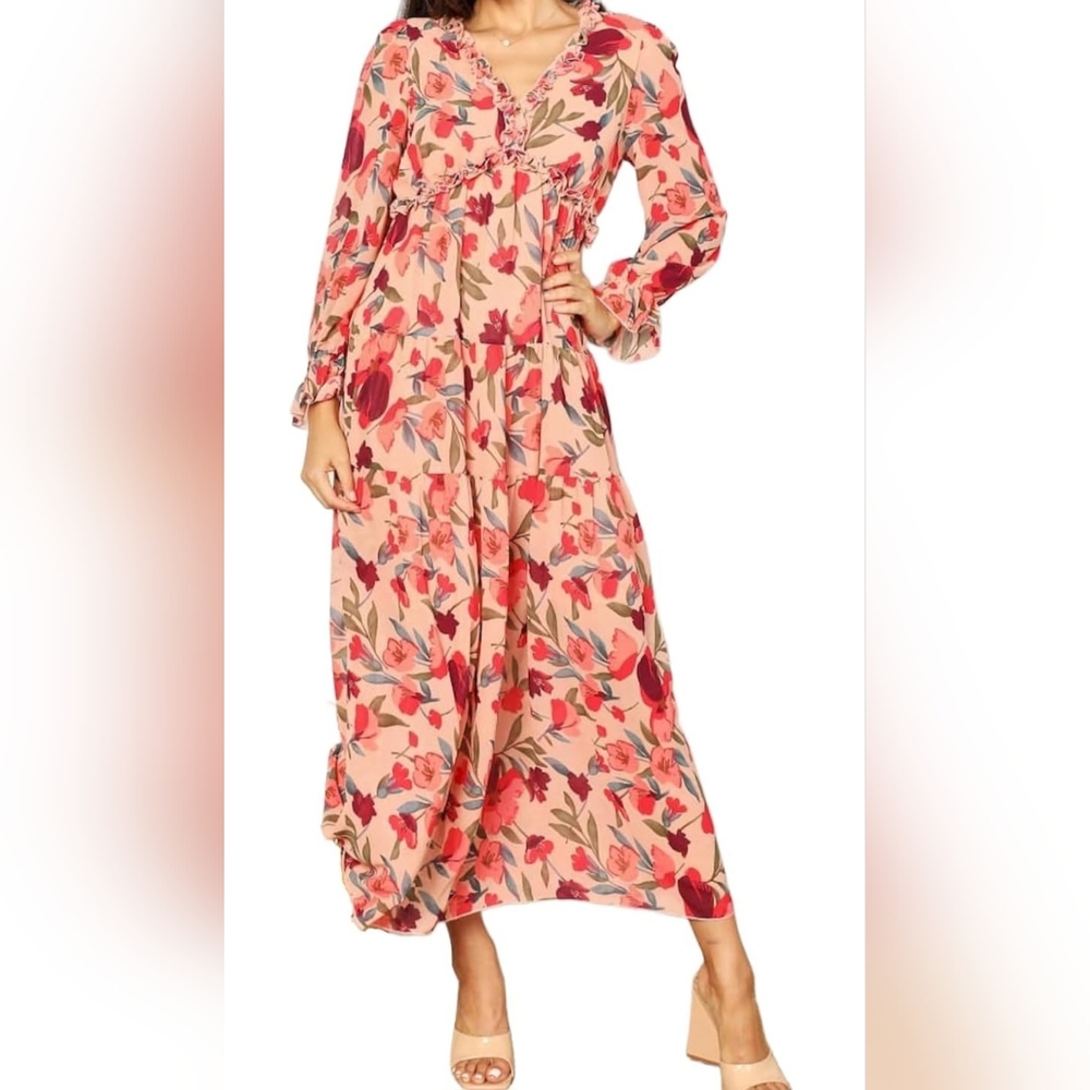 Vibrant Boho Styled Tiered Long Sleeve Floral Maxi Dress